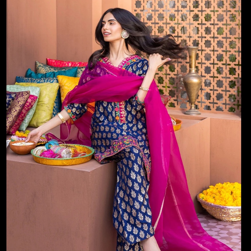 Navy & Fuchsia Embroidered Wedding Salwar Kameez Set - Picture 8 of 14